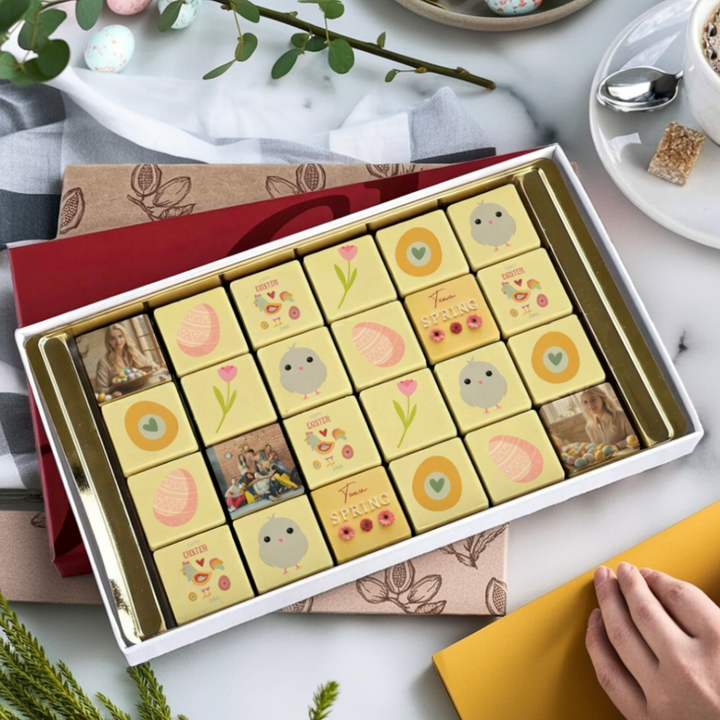 wenskaart van chocolade met 24 chocolade blokjes in Pasen thema. Tasty Present