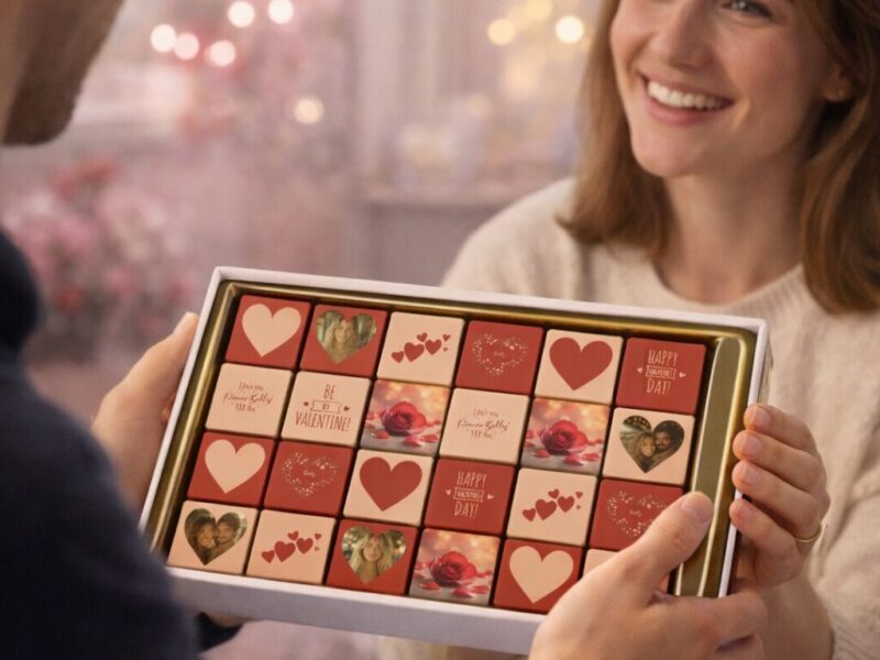 wenskaart van chocolade praline met 24 chocolade blokjes in Valentijn thema. Tasty Present