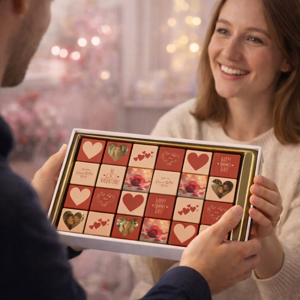 wenskaart van chocolade praline met 24 chocolade blokjes in Valentijn thema. Tasty Present