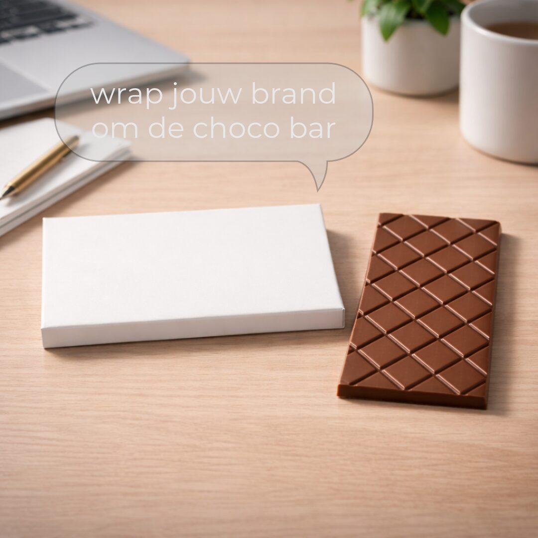 wrap jouw brand om de chocolad reep. Personaliseer chocolade repen met Tasty Present