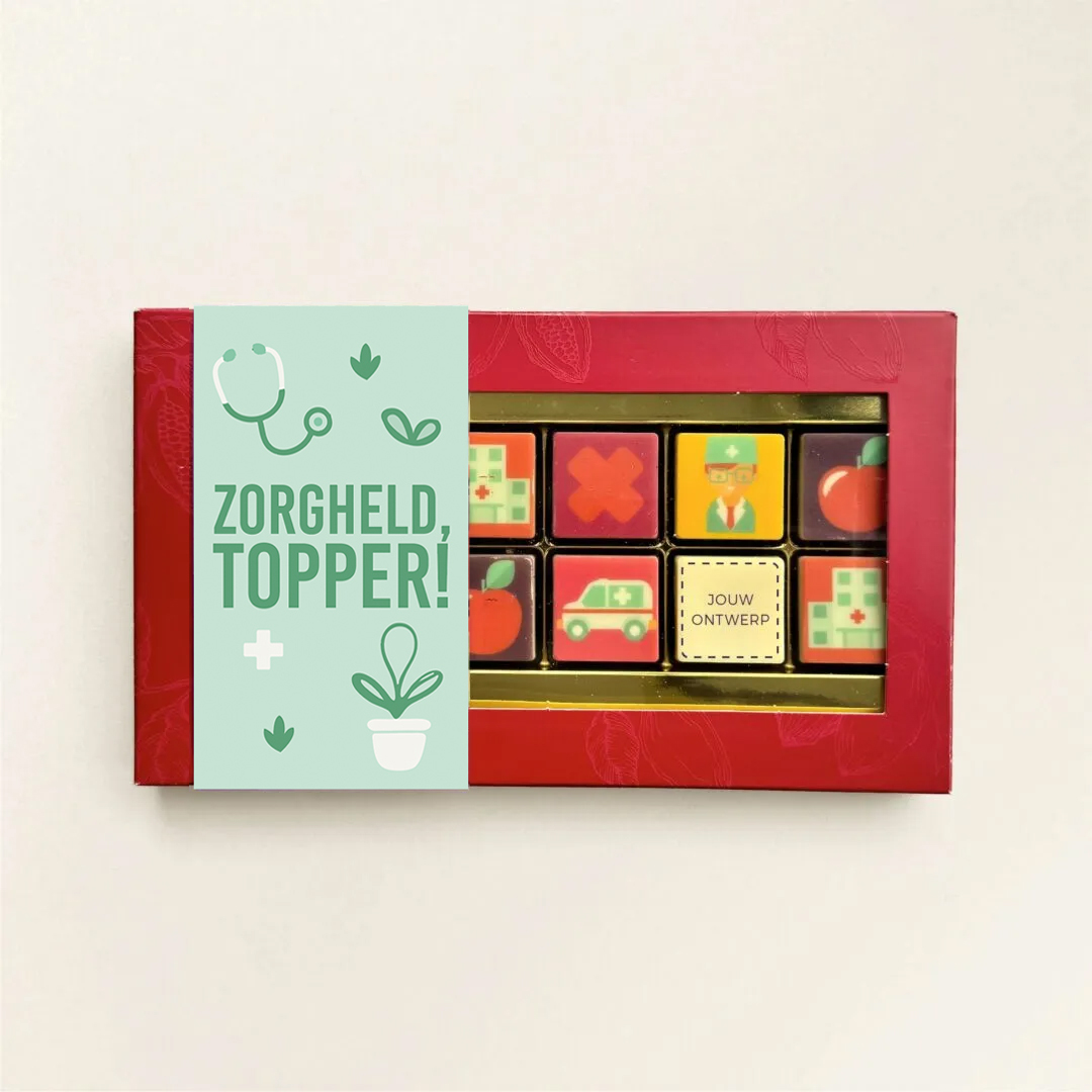 Dag van de zorg choclade logoblokjes in een luxe geschenkdoos met Zorgheld Topper wikkel. Tasty Present - gepersonaliseerde chocolade
