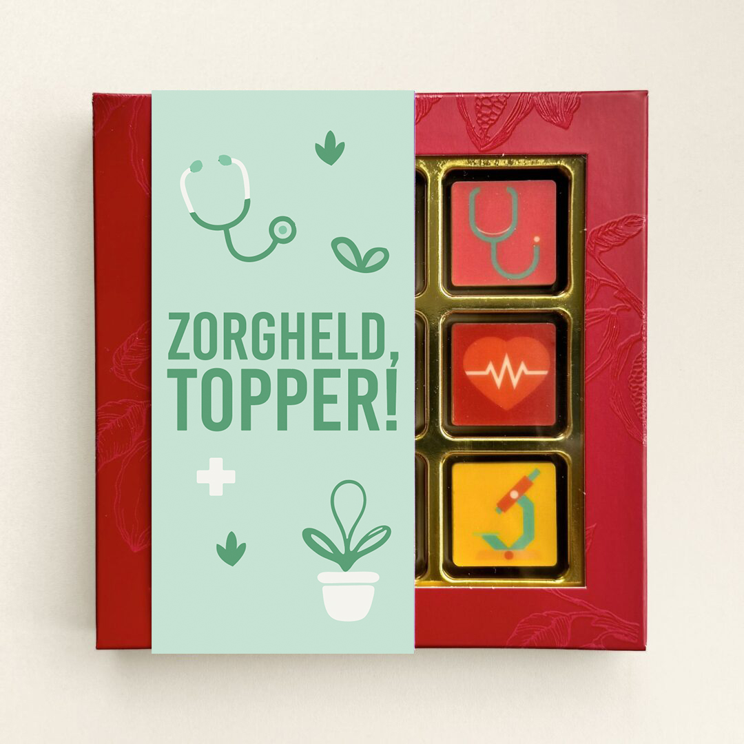 9 chocolade logoiblokjes in thema dag van de zorg met zorg design en zorgheld topper wikkel. Tasty Present - gepersonaliseerde chocolade