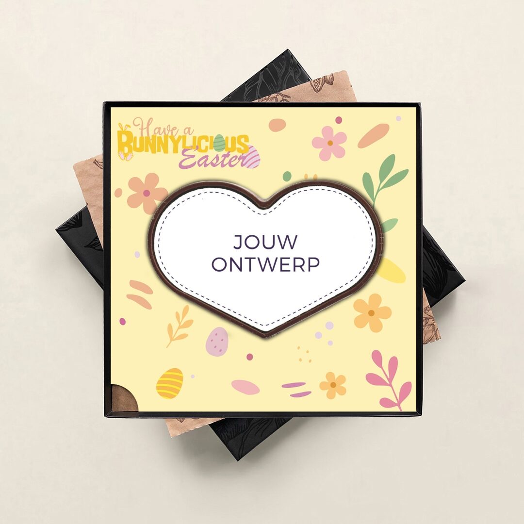 Chocolade hart personaliseren met Paasdesign in luxe zwart de geschenkdoos - Tasty Present