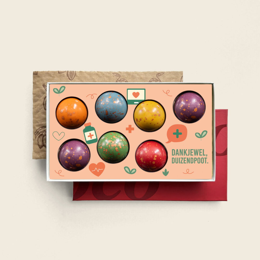 luxe XL bonbons met heerlijke vulling in dag van de zorg thema Dank je wel duizendpoot. Tasty Present - gepersonaliseerde chocolade