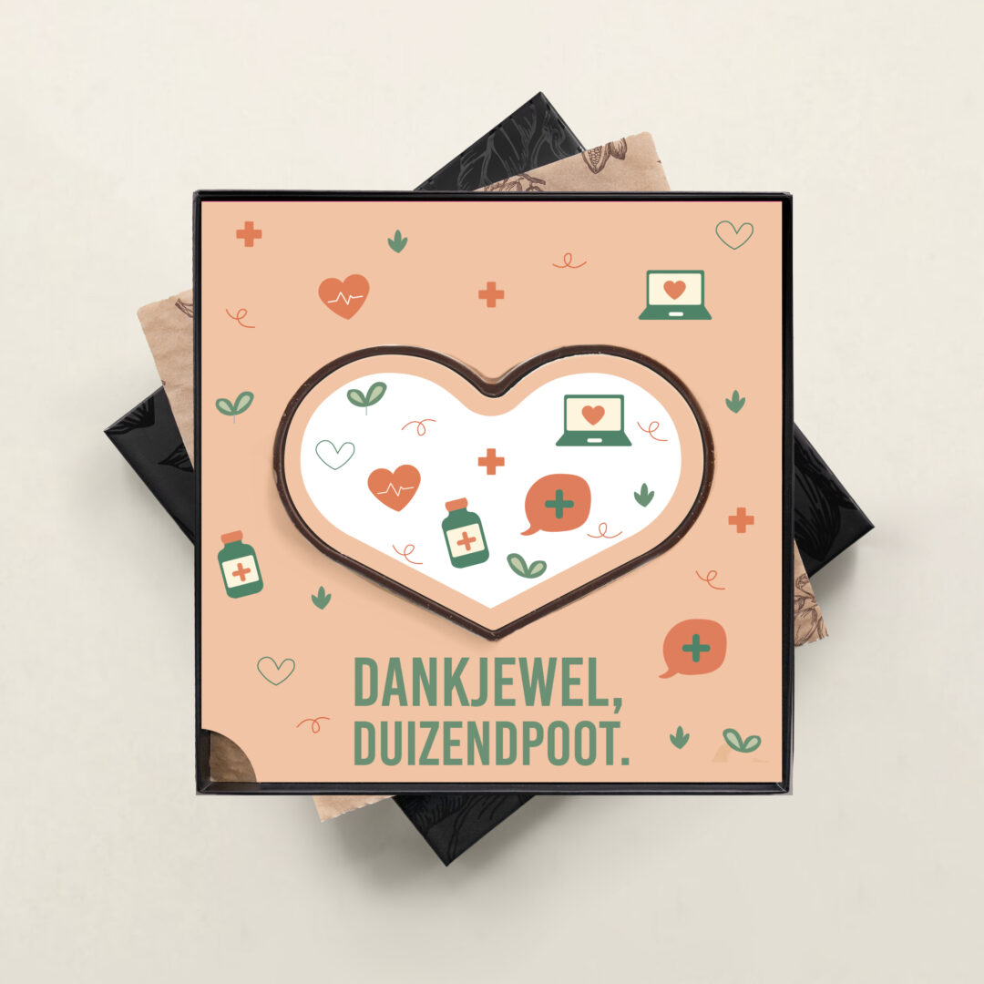 groot chocolade hart iin Dag van de zorg thema. Dank je wel duizendpoot opdruk hart en doos. Verpakt in luxe zwarte geschenkdoos. Tasty Present - gepersonaliseerde chocolade en snoep