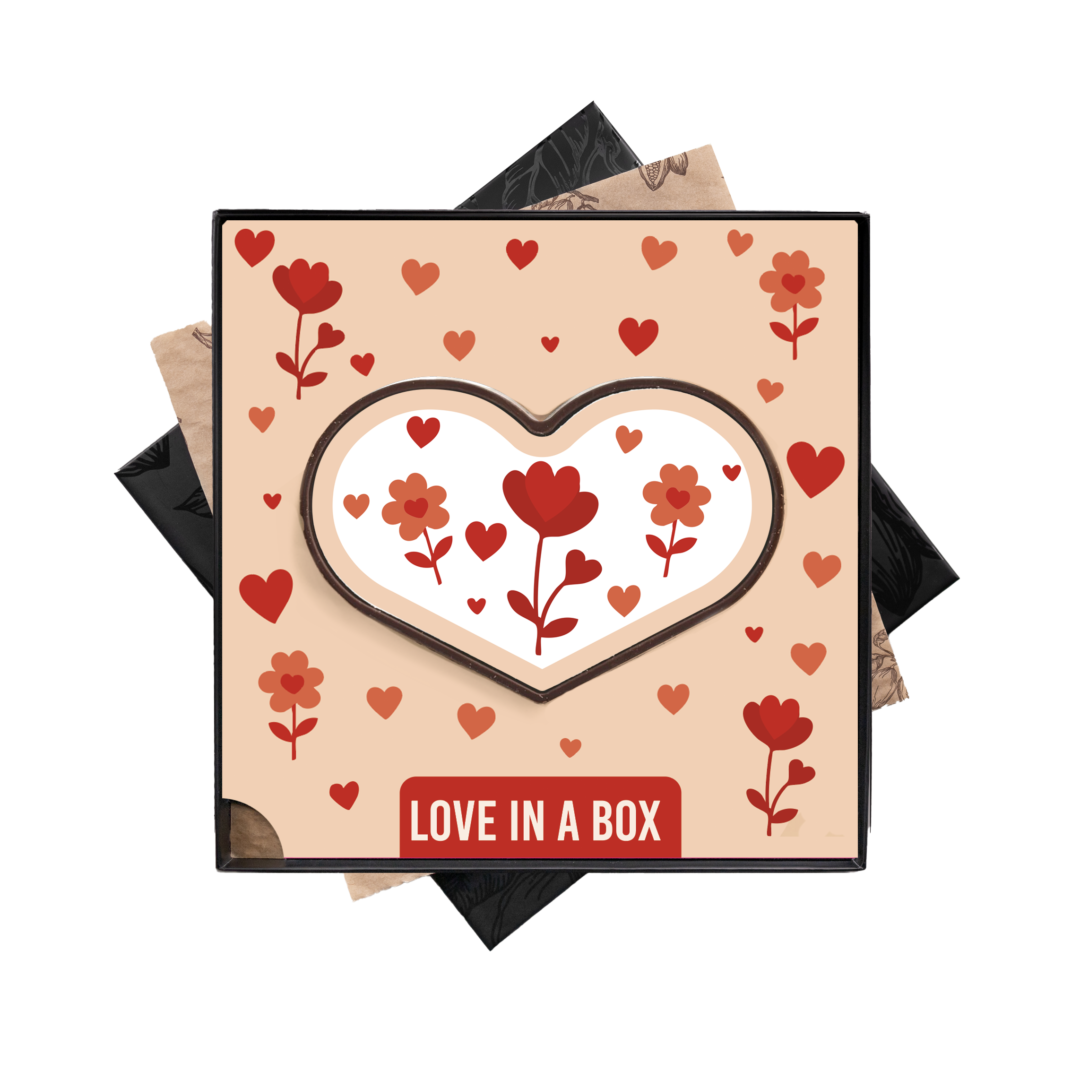 Groot chocolade hart met bloem design opdruk n Love in a box thema voor Valentijn, moederdag, vaderdag, secretaresse dag, dag van de zorg, liefde. tasty present gepersonaliseerde chocolade
