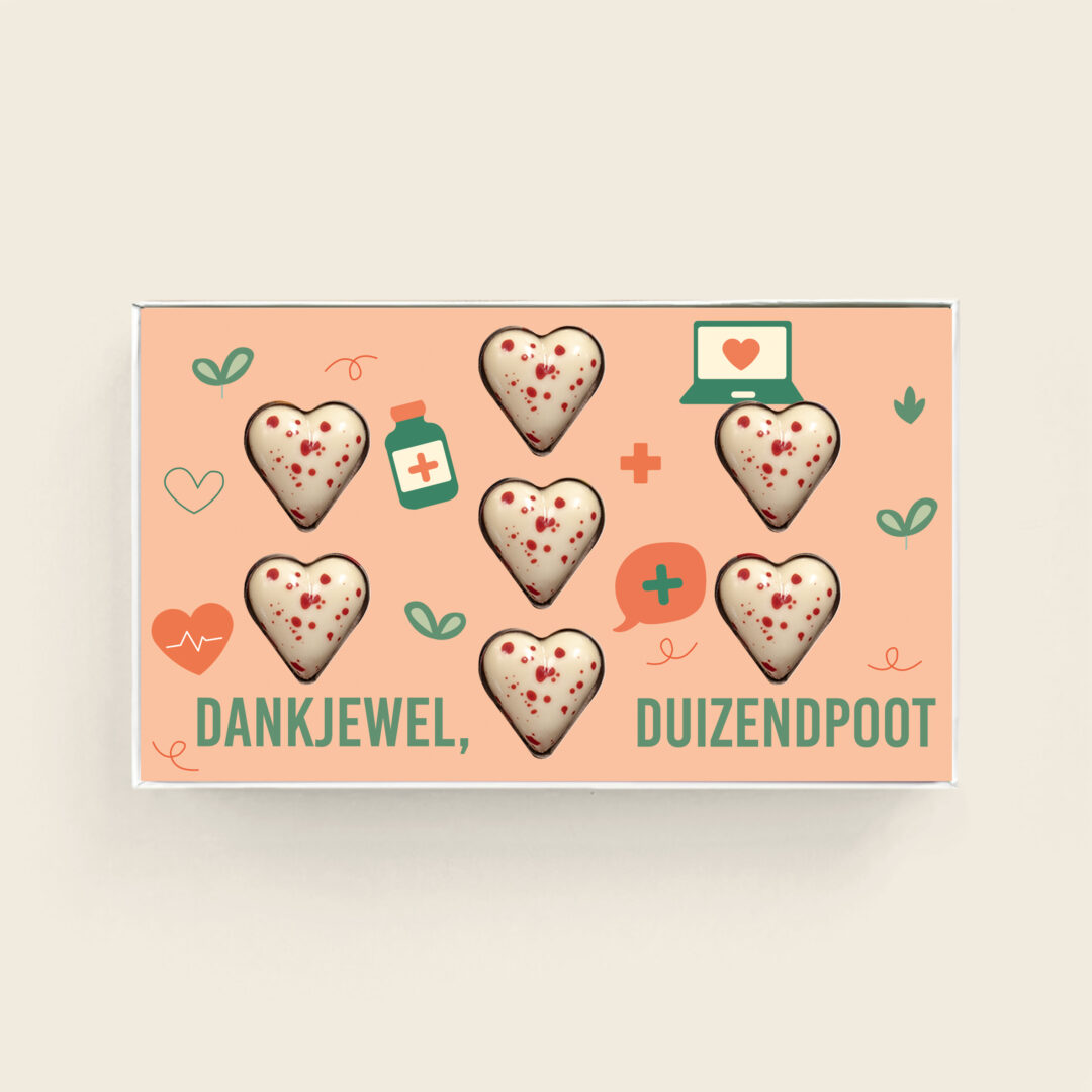 witte hartjes met rode stippen bonbons met heerlijke vulling in dag van de zorg thema Dank je wel duizendpoot. Tasty Present - gepersonaliseerde chocolade