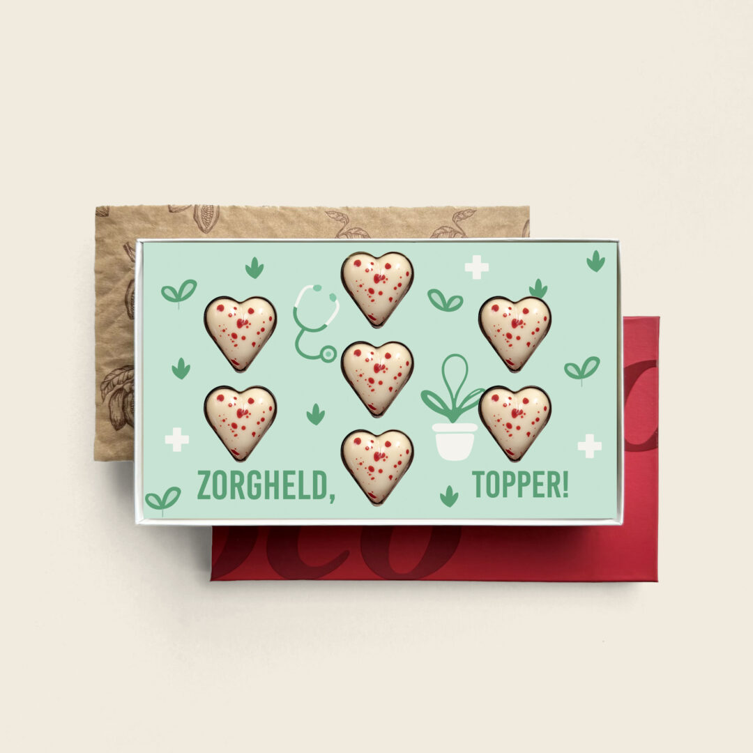 witte hartjes met rode stippen bonbons met heerlijke vulling in dag van de zorg themaZorgheld topper. Tasty Present - gepersonaliseerde chocolade