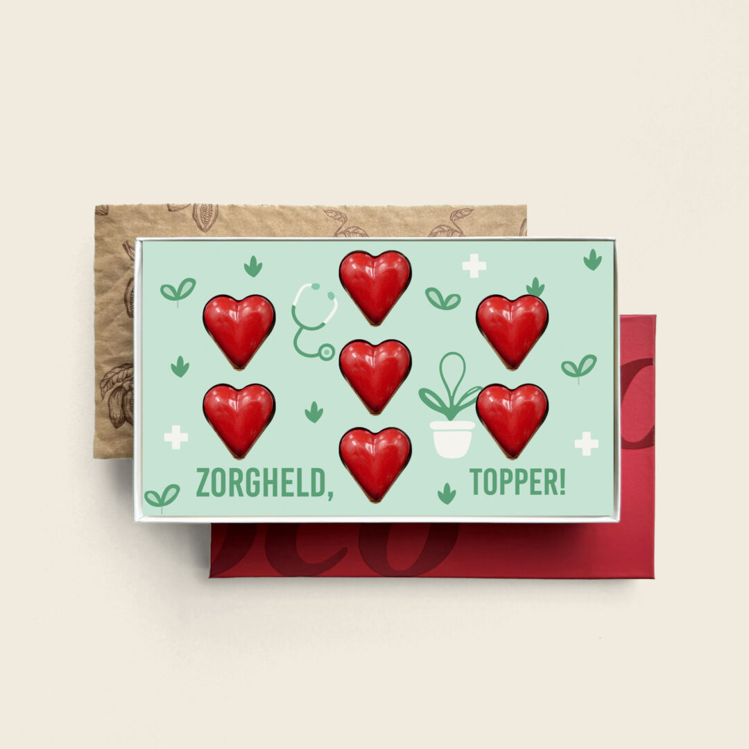rode hartjes bonbons met heerlijke vulling in dag van de zorg themaZorgheld topper. Tasty Present - gepersonaliseerde chocolade