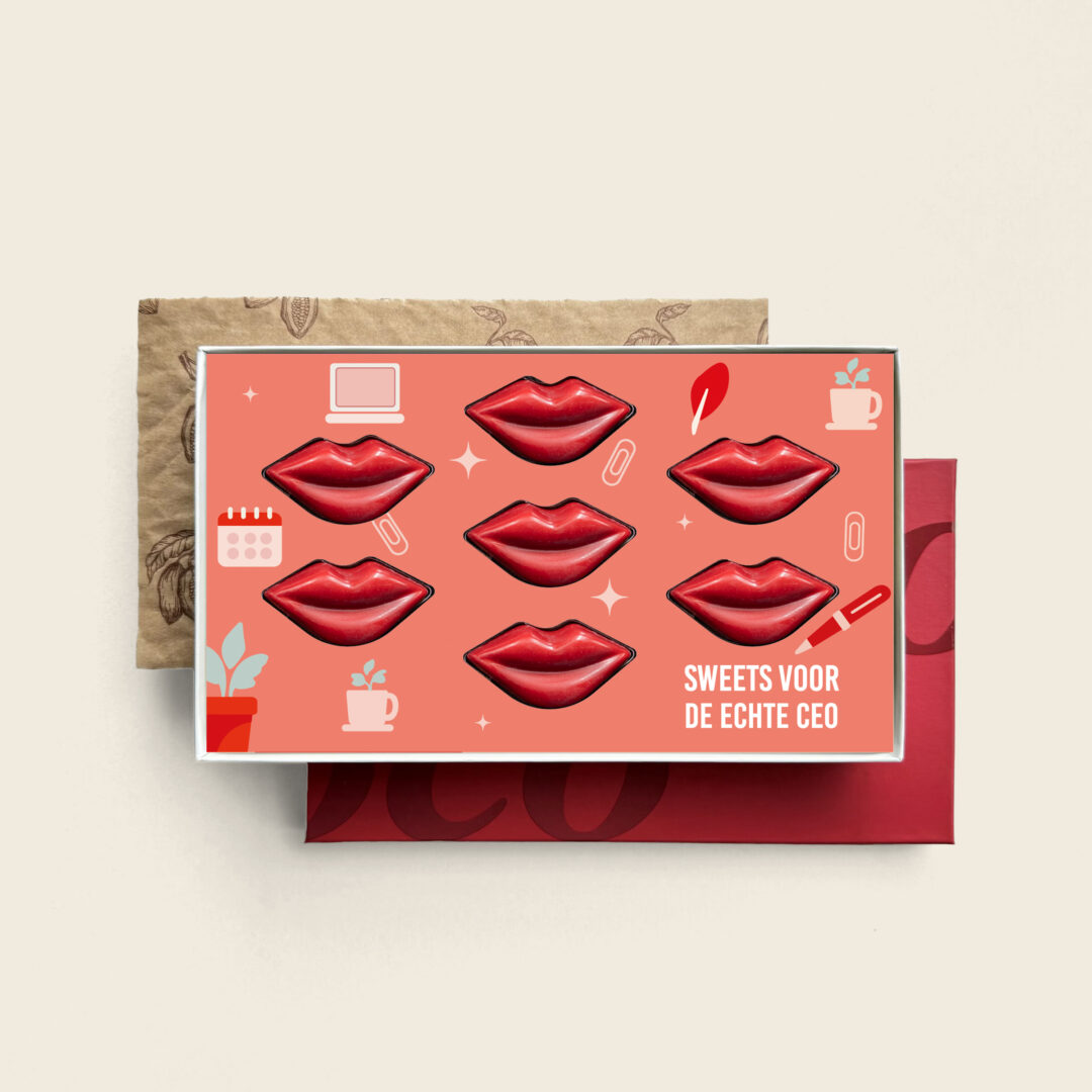 Luxe gevulde chocolade bonbons in lipjes vorm voor secretaressedag met Sweets voor de CEO design. Tasty Present - gepersonaliseerde chocolade