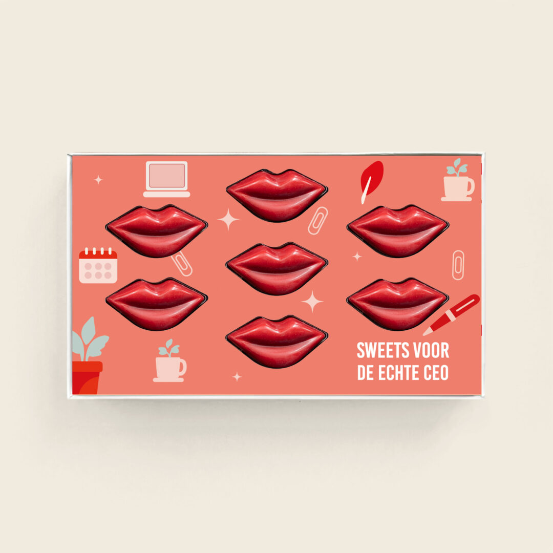 Luxe gevulde chocolade bonbons in lipjes vorm voor secretaressedag met Sweets voor de CEO design. Tasty Present - gepersonaliseerde chocolade