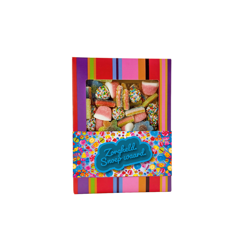 Gemengd snoep snoepdoosje in thema dag van de zorg Zorgheld snoep waard. Tasty Present - gepserspnaliseerde chocolade en snoep