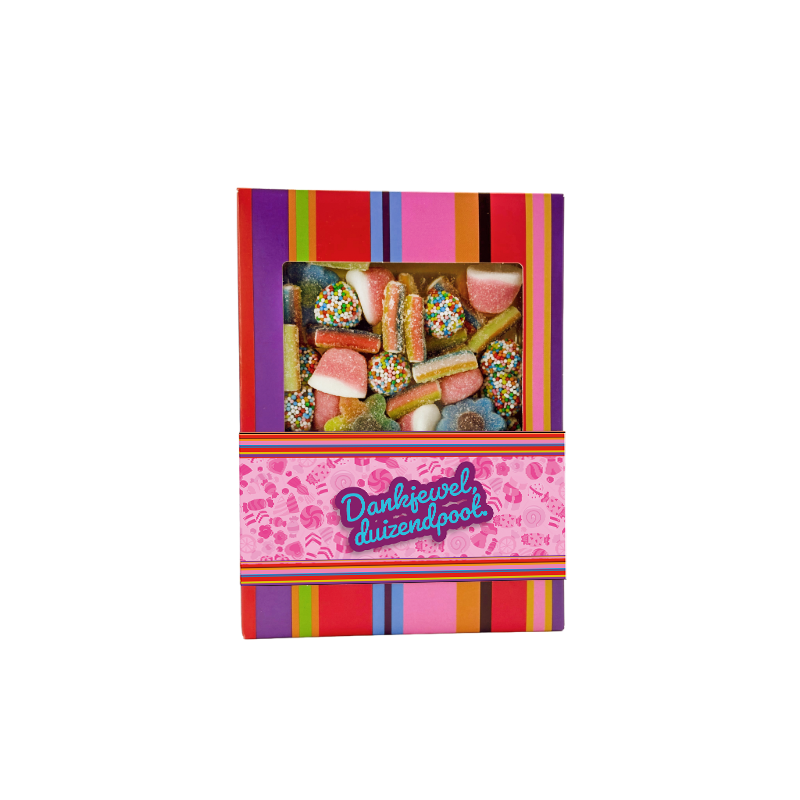 Gemengd snoep snoepdoosje in thema dag van de zorg Dank je wel duizendpoot. Tasty Present - gepserspnaliseerde chocolade en snoep