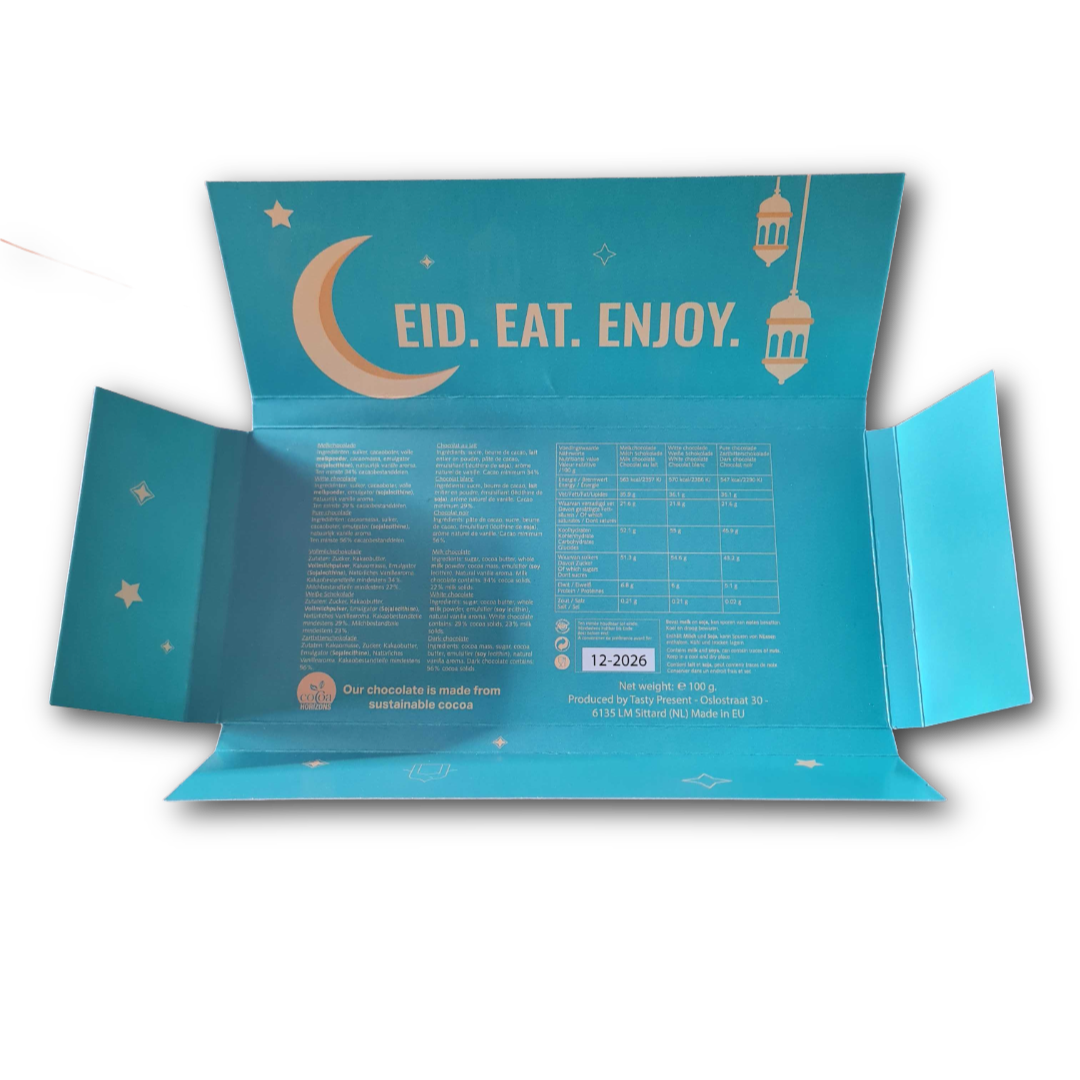 Eid Mubarak - Suikerfeest 100 gram duurzame chocolade reep - Volledig Halal - in luxe en stevige wikkel met Eid Eat Enjoy thema design. Tasty Present - gepersonaliseerde chocolade en zoetwaren