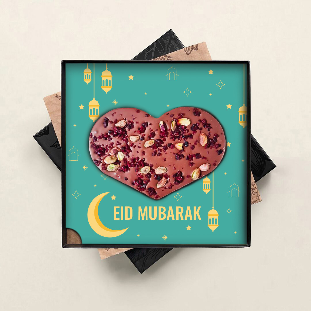 Chocolade hart Eid Mubarak - Suikerfeest geschenk in luxe geschenkdoos - Tasty Present - Gepersonaliseerde HALAL chocolade en zoetwaren