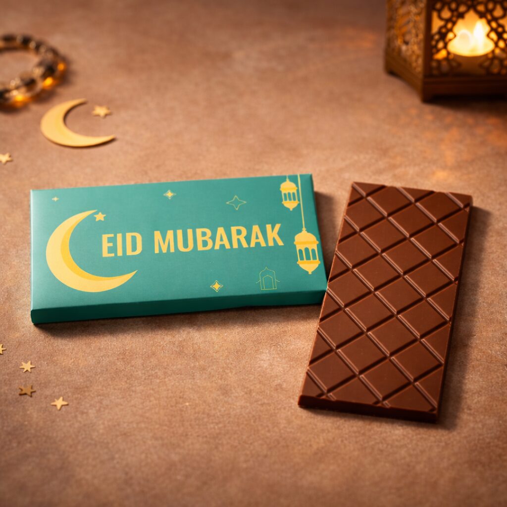 Eid Mubarak - Suikerfeest 100 gram duurzame chocolade reep - Volledig Halal - in luxe en stevige wikkel met Eid Mubarak thema design. Tasty Present - gepersonaliseerde chocolade en zoetwaren