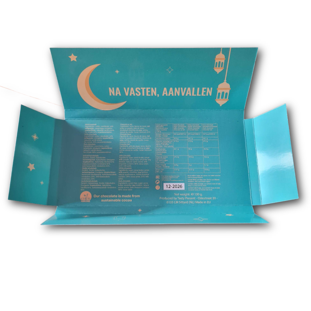 Eid Mubarak - Suikerfeest 100 gram duurzame chocolade reep - Volledig Halal - in luxe en stevige wikkel met na vasten aanvallen thema design. Tasty Present - gepersonaliseerde chocolade en zoetwaren