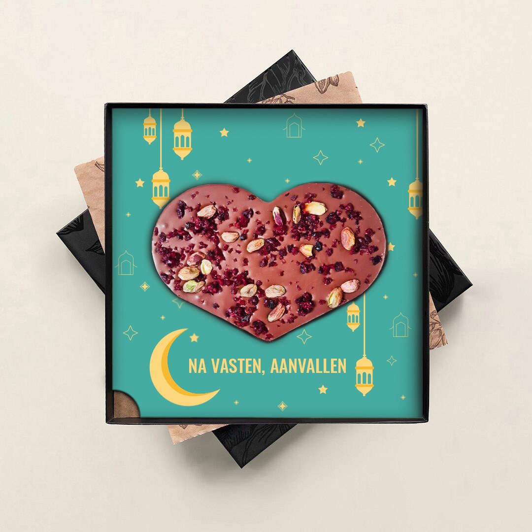 Chocolade hart Eid Mubarak - Suikerfeest geschenk in luxe geschenkdoos - Tasty Present - Gepersonaliseerde HALAL chocolade en zoetwaren