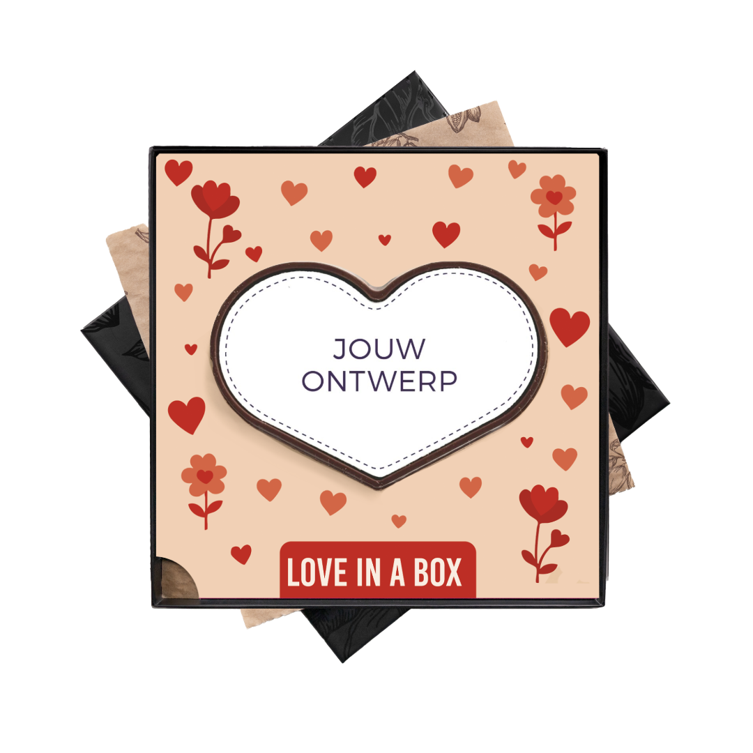 Groot chocolade hart met eigen design opdruk in Love in a box thema voor Valentijn, moederdag, vaderdag, secretaresse dag, dag van de zorg, liefde. tasty present gepersonaliseerde chocolade