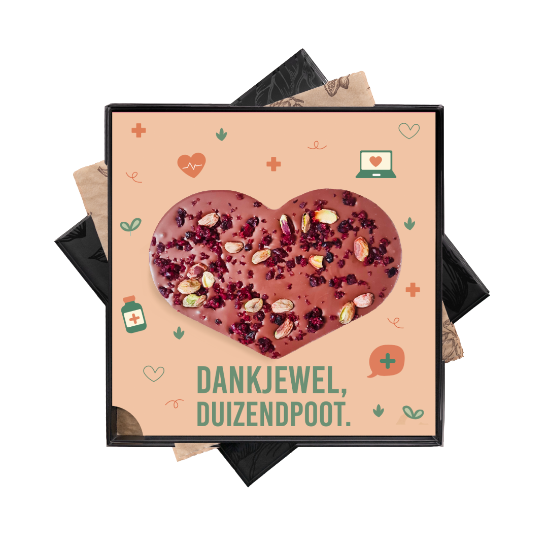 groot chocolade hart iin Dag van de zorg thema. Dank je wel duizendpoot opdruk doos en luxe noten mix topping op het hart. Verpakt in luxe zwarte geschenkdoos. Tasty Present - gepersonaliseerde chocolade en snoep