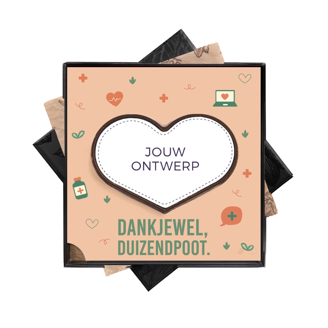 groot chocolade hart iin Dag van de zorg thema. Dank je wel duizendpoot opdruk doos en jouw eigen design op het hart. Verpakt in luxe zwarte geschenkdoos. Tasty Present - gepersonaliseerde chocolade en snoep