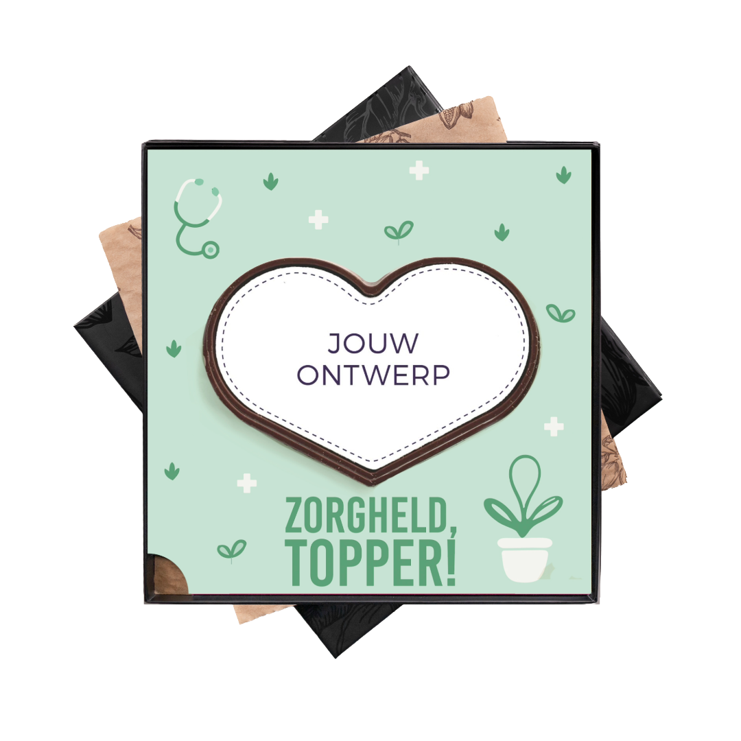 groot chocolade hart iin Dag van de zorg thema. Zorgheld topper opdruk doos en jouw eigen design op het hart. Verpakt in luxe zwarte geschenkdoos. Tasty Present - gepersonaliseerde chocolade en snoep