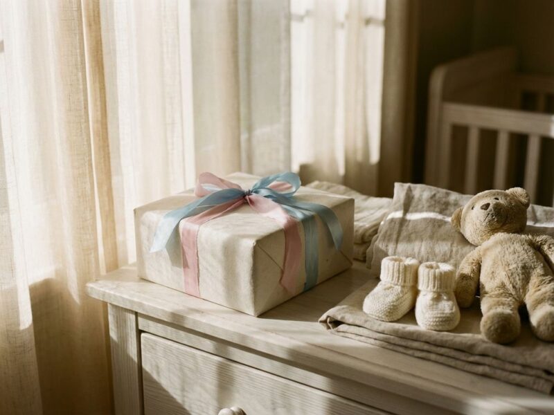 Ingepakt cadeau met pastelkleurig lint op witte babykamer commode, omringd door babyschoentjes en knuffelbeer