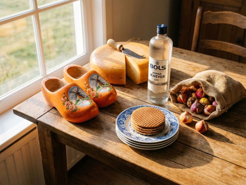 Houten tafel met Nederlandse cadeaus: oranje klompen, Goudse kaas, tulpenbollen, jenever en stroopwafels op Delfts blauw