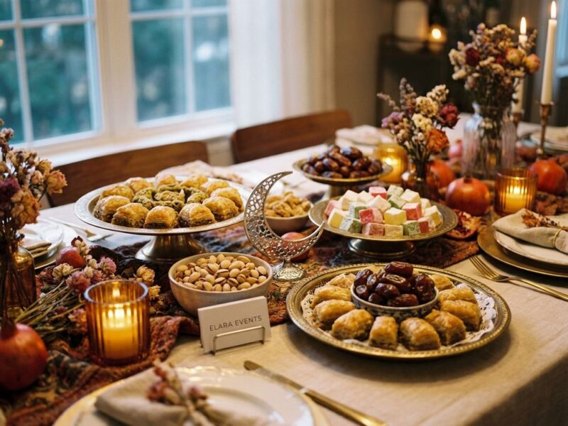 Feestelijke tafel met traditionele Midden-Oosterse zoetigheden, baklava en Turkse delights bij kaarslicht