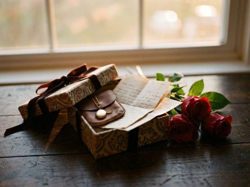 Open geschenkdoos met liefdesbrieven, sieraden en rode rozen op houten tafel in warm zonlicht