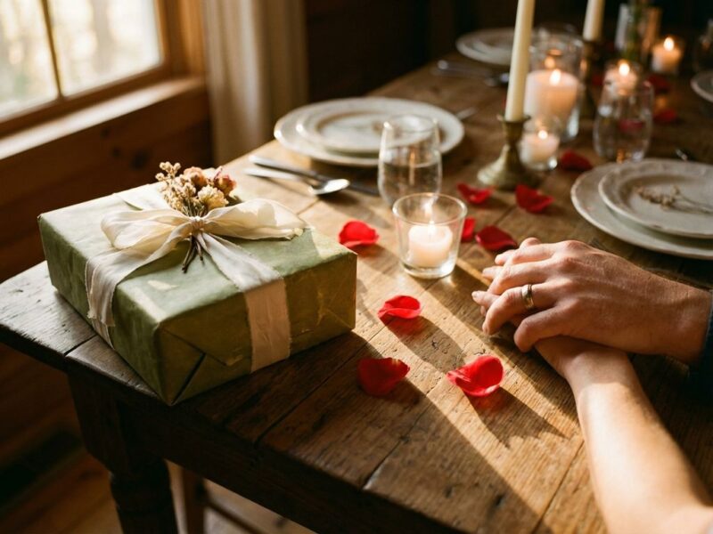 Elegant ingepakt cadeau met lint naast ingestrengelde handen van stel bij kaarslicht met rozenblaadjes