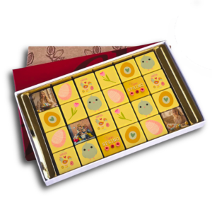 chocolade wenskaart met 24 chocolade logoblokjes personaliseren voor relatiegeschenk